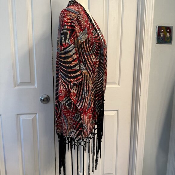 Joseph Ribkoff Silk Deco Kimono Women’s Size 10 M/L Fringe Festival Artsy Boho - Picture 2 of 14